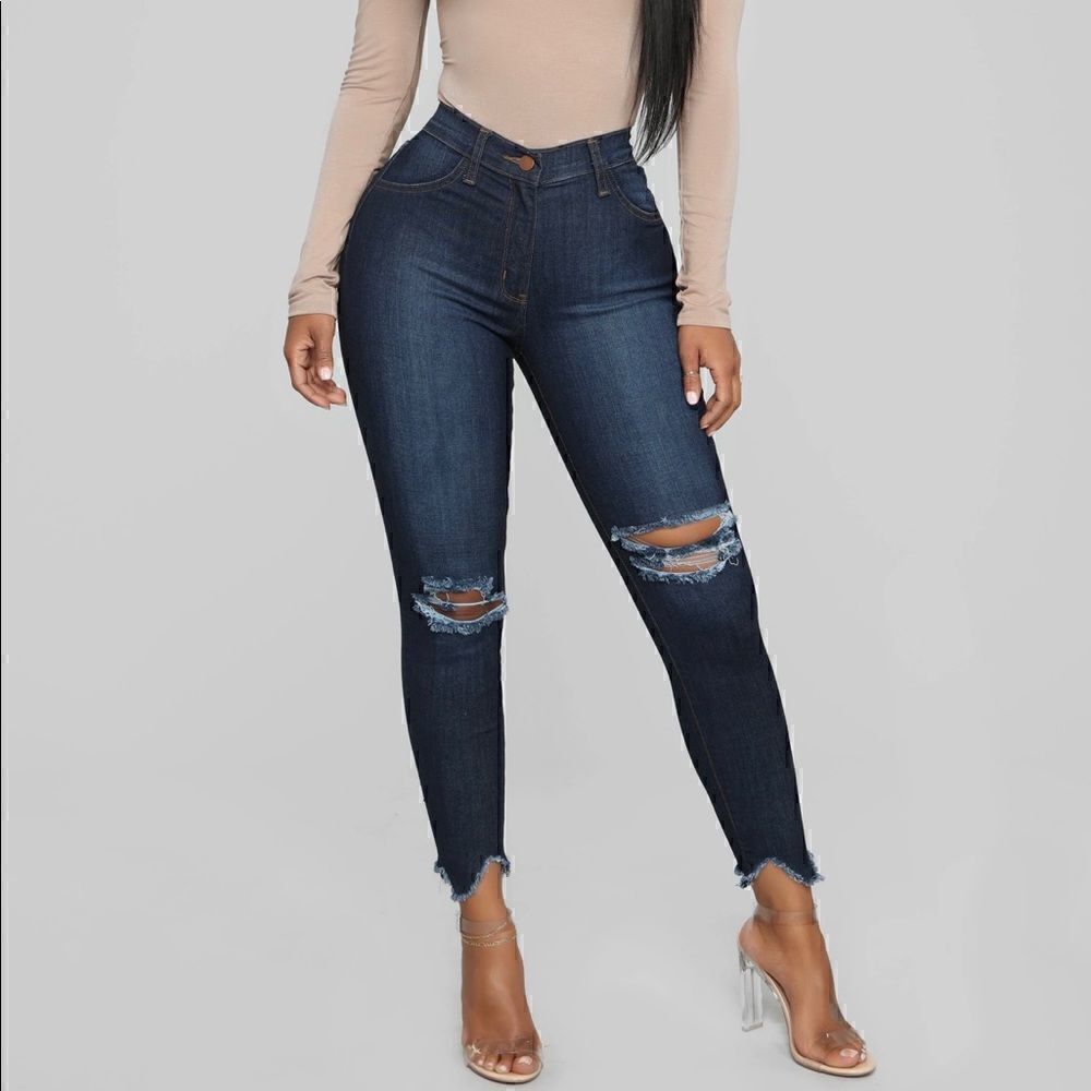 Fashion Nova | Jeans| Distressed| Size 7| Fringed hem| Dark wash